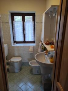 ein Bad mit einem WC und einem Waschbecken in der Unterkunft APPARTERMENT LE BOIS DE FEES in Saint-Gervais-les-Bains