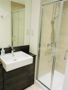 La salle de bains est pourvue d'un lavabo et d'une douche. dans l'établissement Brand new gorgeous 2 bed Apt in Finnieston, à Glasgow