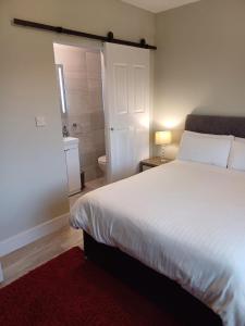 a bedroom with a large white bed and a red rug at Joan B+B in Clonakilty