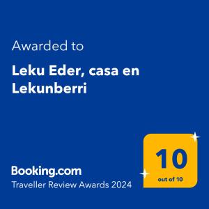 een geel bord met de tekst toegekend aan Kelvin elder casa er bij Leku Eder, casa en Lekunberri in Lekunberri