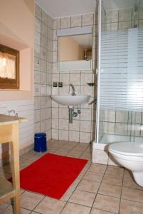 ein Badezimmer mit einem Waschbecken, einer Badewanne und einem WC in der Unterkunft Chalet Sanpeter in Sent
