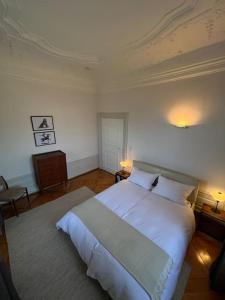 1 dormitorio con 1 cama blanca grande y 2 almohadas en Luxuriöse Design Wohnung im Barockschloss 110 m2, en Zeitlofs
