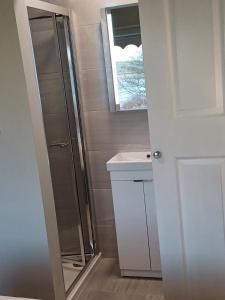 ein Bad mit einer Dusche, einem Waschbecken und einem Spiegel in der Unterkunft Joan B+B in Clonakilty