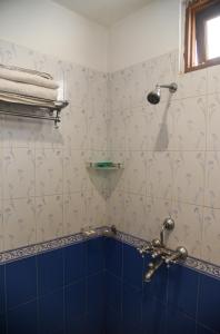 Sajjan Villa في أودايبور: حمام مع دش وجدار من البلاط الأزرق