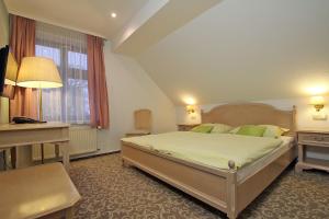 1 dormitorio con cama, escritorio y ventana en Ryck-Hotel Garni en Greifswald