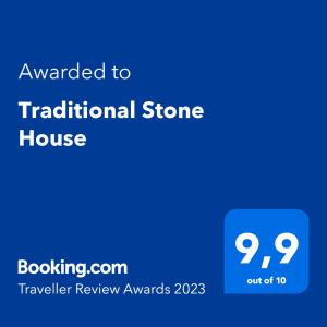 Palkinto, sertifikaatti, kyltti tai muu asiakirja, joka on esillä majoituspaikassa Traditional Stone House
