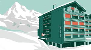 un edificio en la nieve frente a una montaña en Hotel des Alpes, en Flims