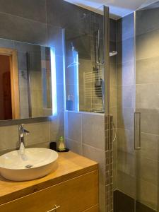 a bathroom with a sink and a shower at Appartement neuf dans chalet idéalement situé, 5 couchages Prestations de qualité in Samoëns