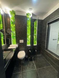 a bathroom with a toilet and a shower at Russ Spa in Mladenovac