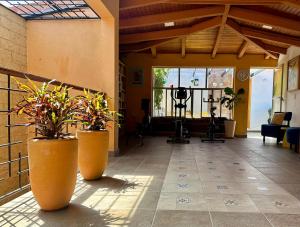 a room with two large vases with plants in it at Habitación agradable in Comitán