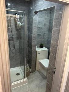 a bathroom with a shower and a toilet and a sink at 2-Bedroom Flat w/ En-Suites, Perfect for Groups in Liverpool