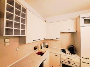 a white kitchen with white cabinets and a sink at Apartament z ogrodem w sercu Torunia in Toruń