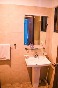 a bathroom with a sink and a mirror at Landmark III High Rated Apartment in Islamabad