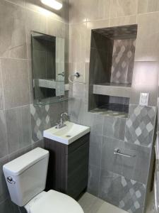 a bathroom with a toilet and a sink and a shower at AB bed and breakfast in Chihuahua +12 photos