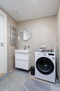 - un lave-linge dans la salle de bains pourvue d'un lavabo dans l'établissement Tartu City Center Apartments, à Tartu