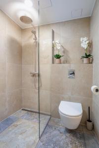 La salle de bains est pourvue d'une douche et de toilettes. dans l'établissement Tartu City Center Apartments, à Tartu