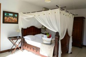 a bedroom with a canopy bed with a white curtain at Villa de 6 chambres avec wifi a Vieux Habitants a 3 km de la plage in Vieux-Habitants
