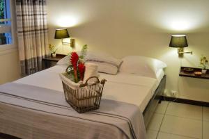 een slaapkamer met een bed met een mand erop bij Villa de 6 chambres avec wifi a Vieux Habitants a 3 km de la plage in Vieux-Habitants