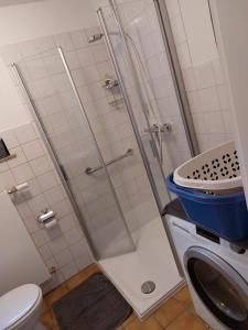 y baño con ducha, aseo y lavamanos. en JoPit Haus en Baesweiler
