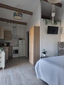 a kitchen and a bedroom with a bed in a room at A l'Orée du Pin in Puyricard