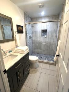 a bathroom with a shower with a toilet and a sink at Wofford Village Studios in Wofford Heights