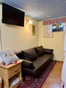 a living room with a leather couch and a flat screen tv at Umundumhütte in Katsch an der Mur