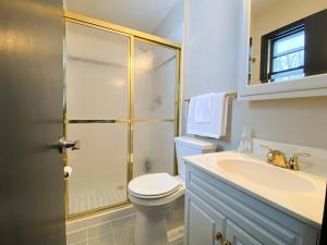 een badkamer met een toilet, een wastafel en een douche bij King Beds, Sleeps 11, *Entertainment Included!* in Burnsville