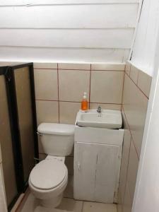 małą łazienkę z toaletą i umywalką w obiekcie La Cabaña w mieście Heredia
