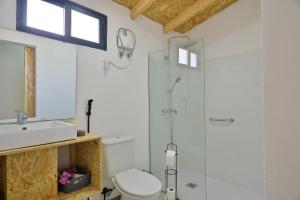 a bathroom with a shower and a toilet and a sink at Encosta Azul Guesthouse in Cidade Velha