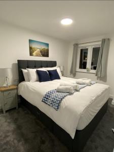 a bedroom with a large bed with blue pillows at Prime Dalgety Bay Waterfront Apartment in Saint Davids