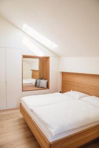 a bedroom with a large bed and a mirror at Appartement Steinach in Schenna