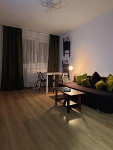 a living room with a couch and a table at Olive Apartment in Lupeni