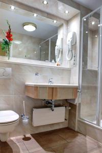 a bathroom with a toilet and a sink and a shower at Hotel Mühlenthal GmbH in Schwalbach