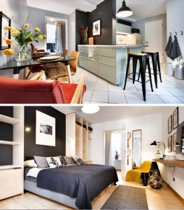 ein Schlafzimmer und ein Wohnzimmer mit einem Bett und einer Küche in der Unterkunft Gelber Löwe - Ferienwohnung in der Erfurter Altstadt in Erfurt