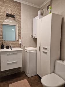 Baño blanco con aseo y lavamanos en Apartament Komorniki - Osiedla na Skraju Lasu en Komorniki