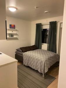 a small bedroom with a bed and a window at Modern studio apartment in fantastic nature in Tromsø