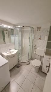 a bathroom with a shower and a toilet and a sink at Apartmani Ela in Prvić Luka