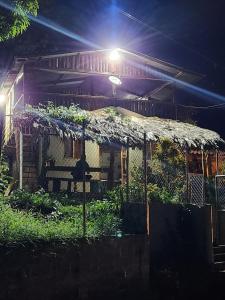 une maison avec un toit en paille la nuit dans l'établissement Cabaña Murringo, à Necoclí