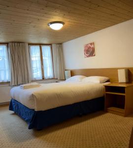 ein Schlafzimmer mit einem großen Bett in einem Zimmer mit Fenstern in der Unterkunft Chalet Rosa B&B in Lauterbrunnen