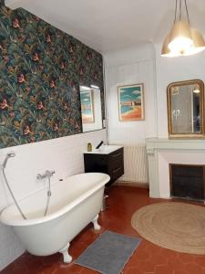 a bathroom with a bath tub and a fireplace at Le Mas Palegry Chambres d'hôtes Perpignan in Perpignan