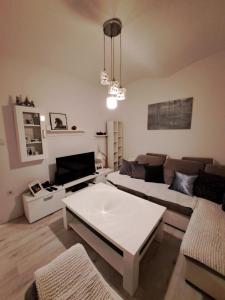 ein Wohnzimmer mit einem Sofa und einem Tisch in der Unterkunft Apartment Skenderija Pet friendly with garden in Sarajevo