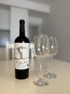 Complejo Carrodilla - Lujan de Cuyo في سيوداد لوجان دي كويو: زجاجة من النبيذ للجلوس بجوار كأسين من النبيذ