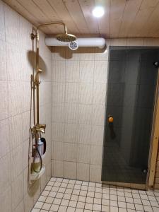 a shower with a glass door in a bathroom at Charming Sauna Cottage in a Horse Ranch in Lieplaukė