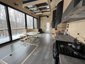 a kitchen with a stove and a table and some windows at Cabin Zoobox 63 in Eastman