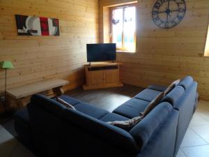 a living room with a blue couch and a tv at Gîte du cheval blanc in Arçon