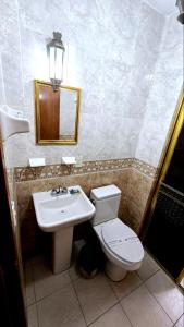 a bathroom with a toilet and a sink at Hotel Plaza Baratillo in Guanajuato