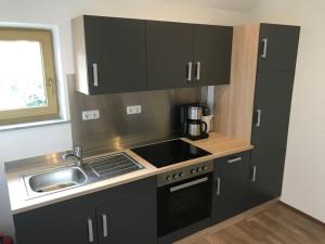 a small kitchen with black cabinets and a sink at Apartment am See in Weiherhammer