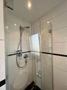 a shower with a glass door in a bathroom at Sonnenschein in Stetten