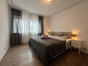 een slaapkamer met een groot bed en een raam bij Ferienwohnung am Bodensee "Zum Salm" in Nußdorf