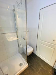 a bathroom with a toilet and a glass shower at Comfort-Appartment in Überlingen